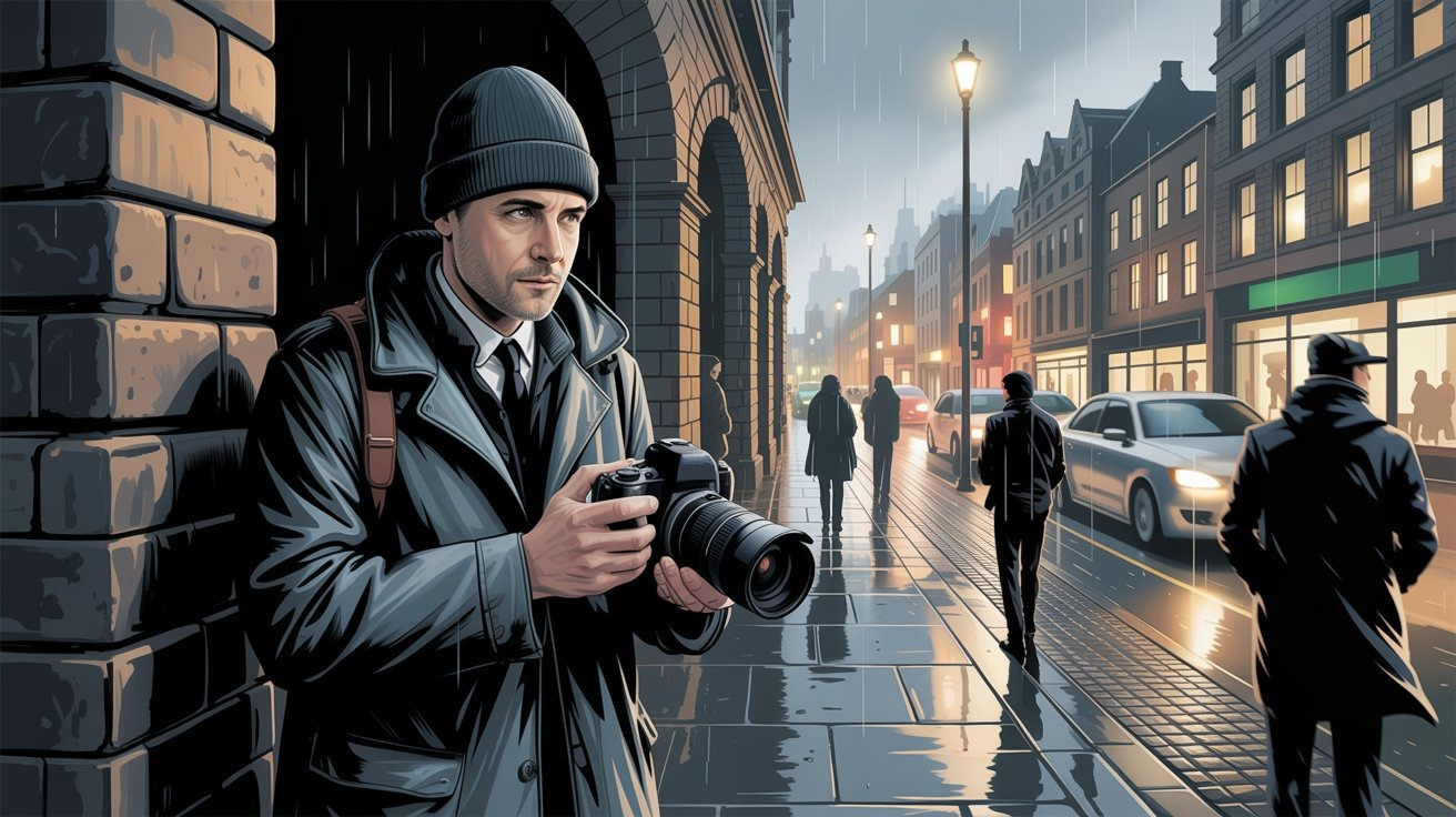 Illustrierte Szene eines Privatdetektivs mit Kamera in Perth (Schottland, UK) | Wirtschaftsdetektei Perth (Schottland, UK), Wirtschaftsdetektiv Perth (Schottland, UK), Privatermittler Perth (Schottland, UK), Detektiv-Team Perth (Schottland, UK)