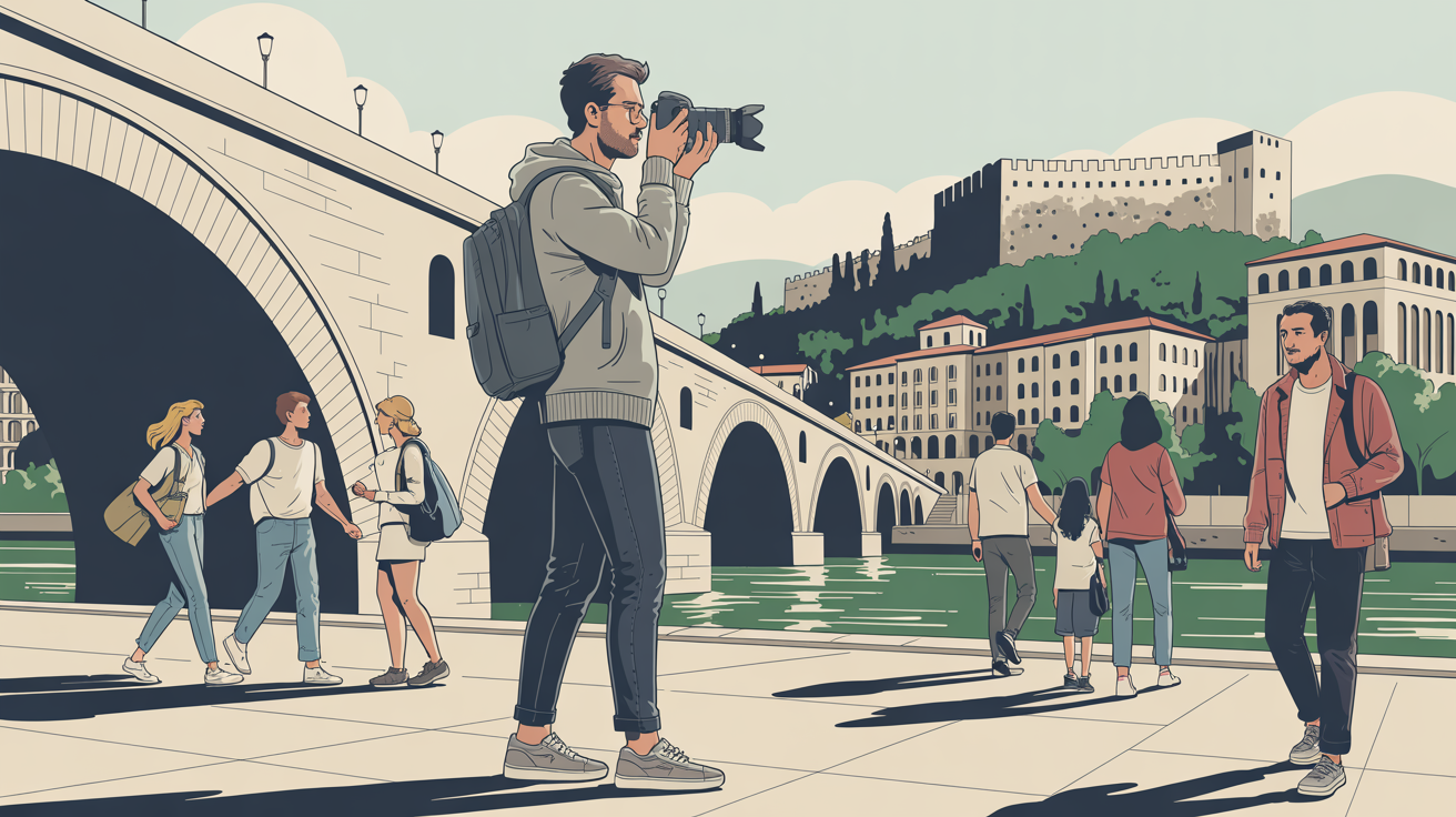 Illustrierte Szene eines Privatdetektivs mit Kamera in Skopje (Nordmazedonien) | Wirtschaftsdetektei Skopje (Nordmazedonien), Wirtschaftsdetektiv Skopje (Nordmazedonien), Privatermittler Skopje (Nordmazedonien), Detektiv-Team Skopje (Nordmazedonien)