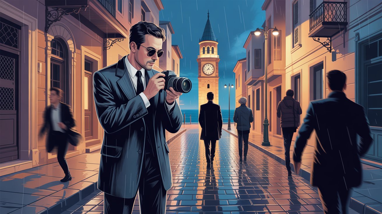 Illustrierte Szene eines Privatdetektivs mit Kamera in Izmir (Türkei) | Wirtschaftsdetektei Izmir (Türkei), Wirtschaftsdetektiv Izmir (Türkei), Privatermittler Izmir (Türkei), Detektiv-Team Izmir (Türkei)